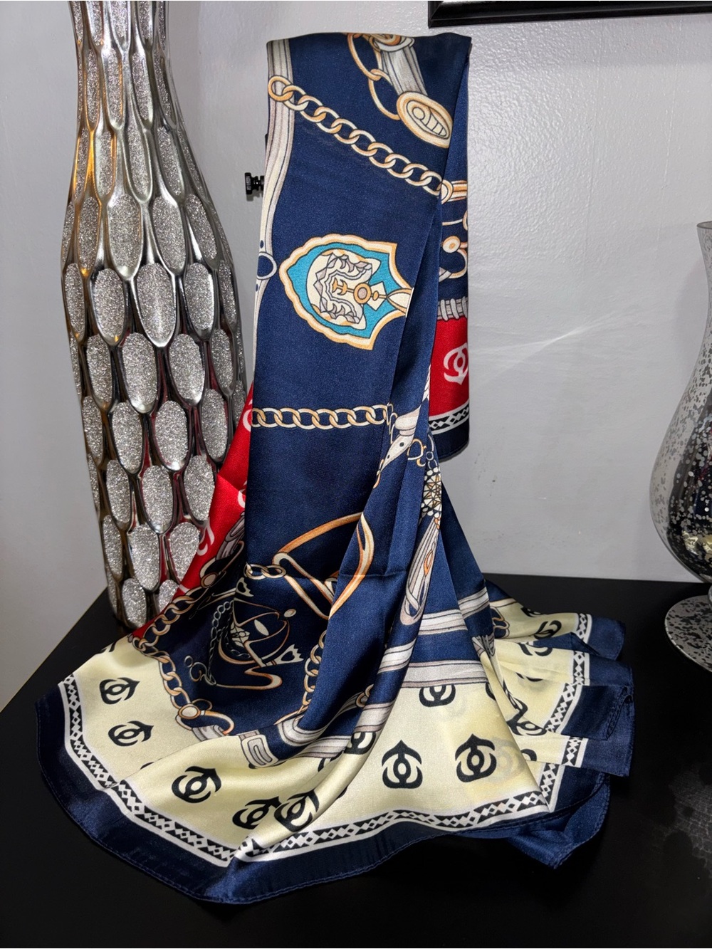 ✨ Vintage Baroque Equestrian Chain Print Silk Satin Square Scarf ⚓️